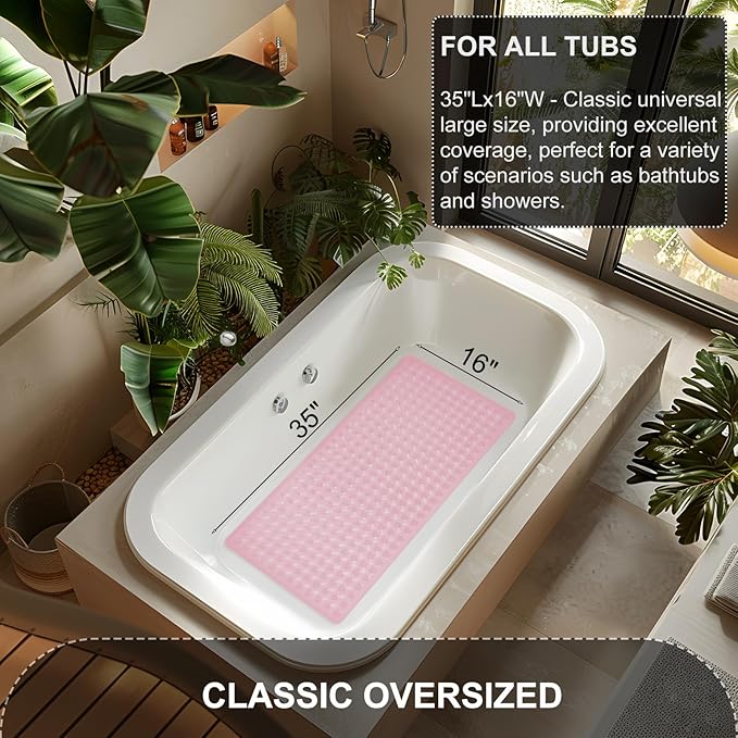 TEESHLY Bath Mat for Tub & Shower, Non Slip Soft Bathmat with Suction Cups & Drain Holes, Machine Washable Bathtub Floor Liner Mats for Bathroom, 35x16 Inch, Clear Pink