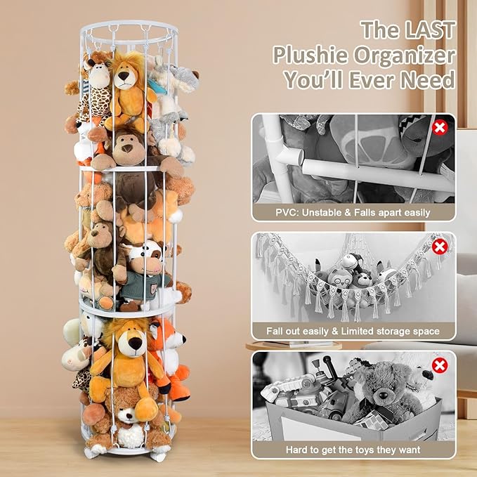 BENCHRY Stuffed Animal Storage Zoo Plushies Toy Storage Organizer, Metal Tube Stuffed Animal Holder with Brake Wheels, Space Saving Plush Toy Holder for Playroom Bedroom Nursery (White)