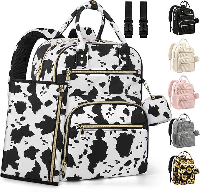Pritent Diaper Bag Backpack,Baby Essentials Diapers Bag with Pacifier Case,Multipurpose Stylish Large Capacity Travel Backpack for Baby Girl/Boy(L-Cow Print)
