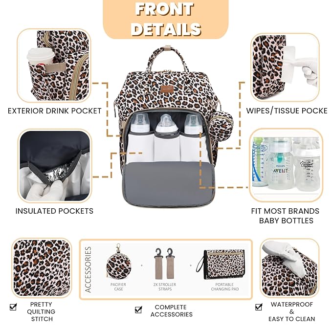 ROSEGIN Diaper Bag Backpack with Changing Pad, Pacifier Case, Baby Bag for Boy Girl Toddler - Large, Stylish, Waterproof Travel Quilted Diaper Bag for Mom - Baby Shower - Cheetah