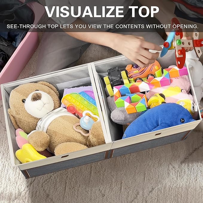 HISULIV 1 Pack Large Toy Storage Box with Clear Lids Collapsible Toys Chest Organizer Bin Basket with Adjustable Dividers for Kids Boys Girls Living Room Nursery Playroom Closet Beige and Grey