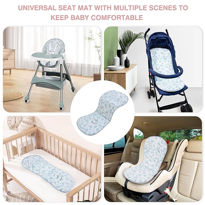 Baby Stroller Cushion,Soft Minky Dotted and Printed Stroller Seat Liner-Reversible Universal Breathable and Soft Newborn Stroller Pad, Cotton Infant Car Seat Insert-82x37cm,1 Pack(Blue Leaves)