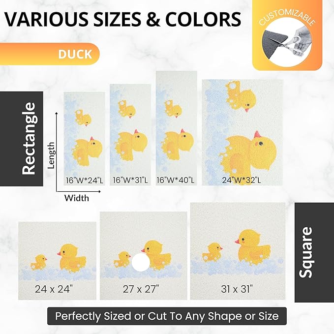 ENKOSI Loofah Shower Mat for Kids – Non-Slip Square Bath Mat with Duck Print – Extra Large 31x31 Mat for Inside Shower, Bathroom, Tubs– Soft, Kid-Friendly, and Secure (31x31 Duck)