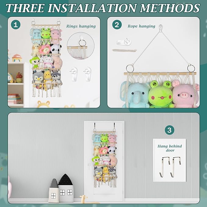 42 Cm Wide Gray Over The Door Macrame Organizer—Plush Toy Storage Net, Ideal For Plush Toys And Dolls/Easy-To-Install Stuffed Animal Hammock