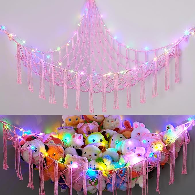 Basumee Stuffed Animals Net or Hammock with LED Light, Hanging Stuffed Animals Storage Toy Hammock Net Corner Wall Girls Room Decor Toy Storage Organizer, Pink, XL