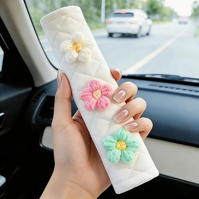 Amooca Soft Auto Seat Belt Cover Seatbelt Shoulder Pad Cushions 2 PCS for a More Comfortable Driving Universal Fit for All Cars and Backpack Off-White Knitted Flower (Green & Pink)