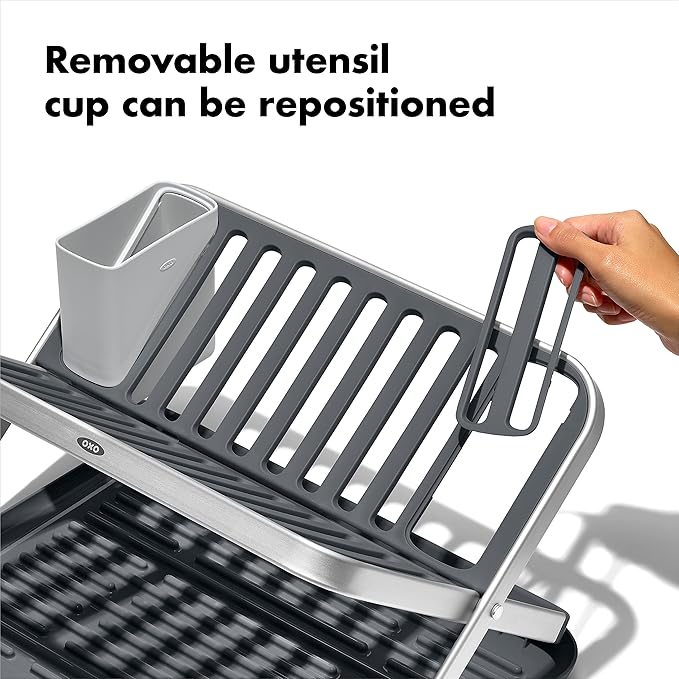 OXO Good Grips Aluminum Fold Flat Dish Drying Rack, 2-Tier, with Drainboard, for Kitchen Counter, Collapsible