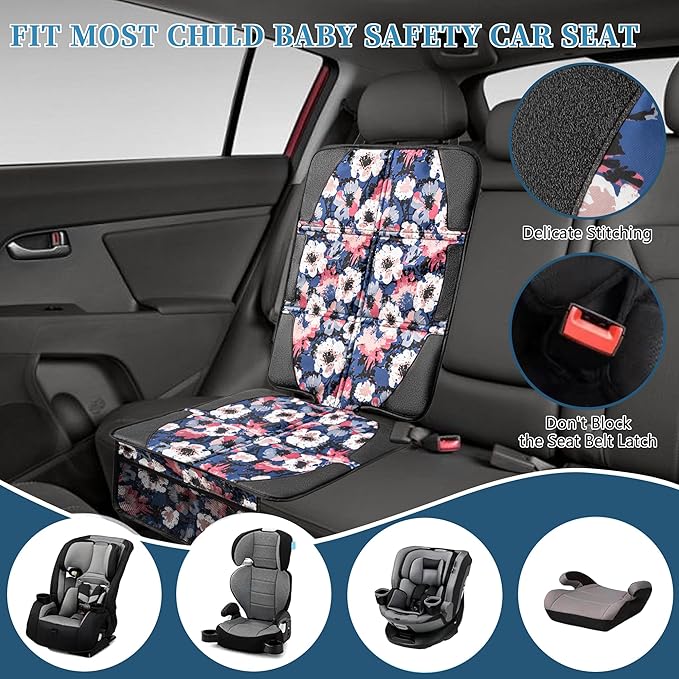 Car Seat Protector for Child Car Seat, 2 Pack Baby Car Seat Covers with Mesh Pockets & Non-Slip Backing 600D Durable Seat Protector Under Baby Car Seat for Car Back Seat (Watercolor, Large)
