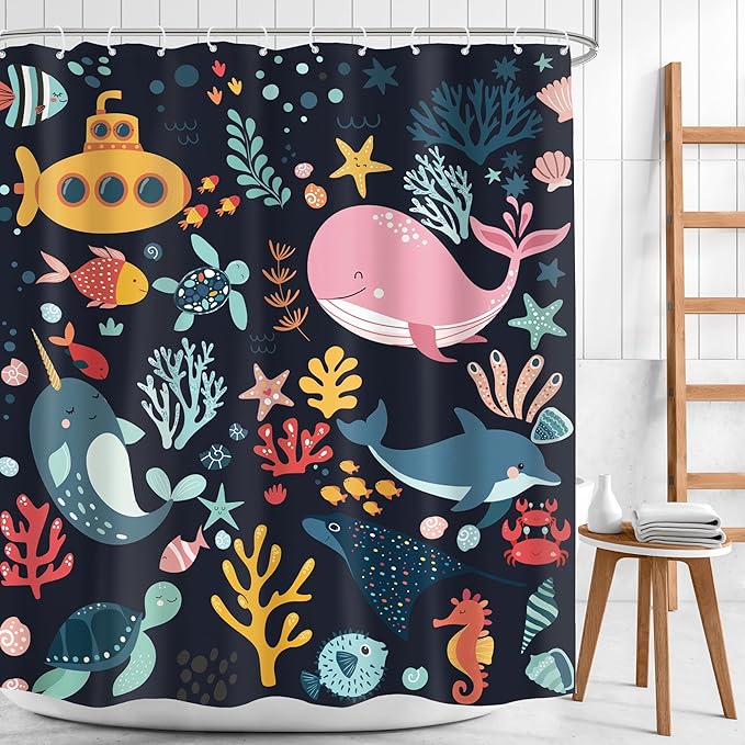 Kids Shower Curtain Ocean Whale Cute Cartoon Funny Sea Animal Fish Bathroom Decor Underwater Coastal Submarine Nursery Baby Boys Girls Black 60Wx72H Bath Curtain Fabric Polyester 12 Pack Hooks