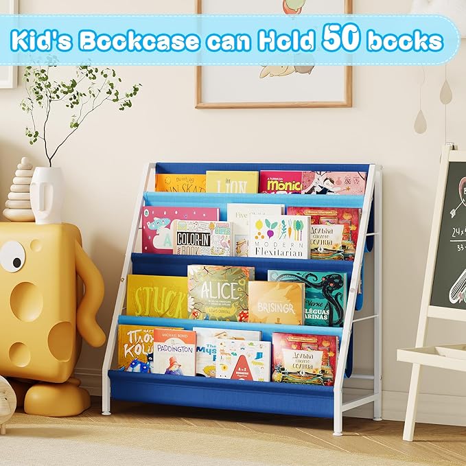 Kid Bookshelf for Kids Rooms, 4-Tier Blue Montessori Bookshelf,Toddler Children Bookshelf,Metal Kid's Book Storage Organizer for Boys Room Furniture Playroom Kindergarten