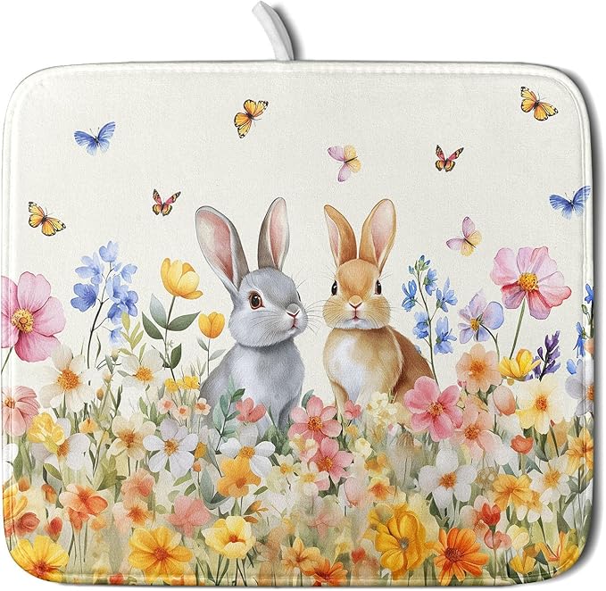 Spring Easter Rabbit Dish Drying Mat for Kitchen Counter,Colorful Flowers Butterflies Drying Mat 16 x 18 Inch with High Absorbent Microfiber Drainer Mat for Coffee Bar