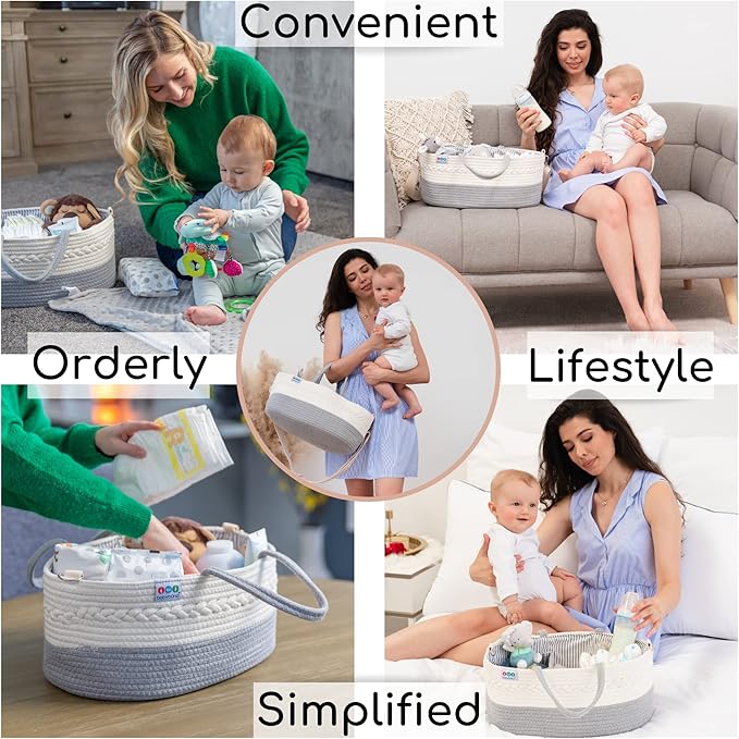 Babybund Extra Large Baby Diaper Caddy Organizer - Portable Rope Nursery Basket for Changing Table Storage - Baby Essentials Organizer for Diapers, Wipes, and More