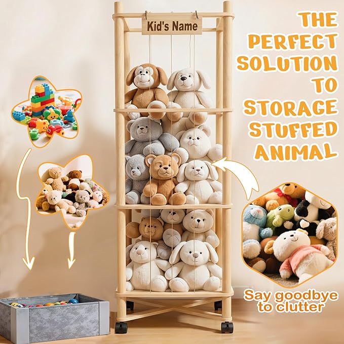 Stuffed Animal Storage with Toys Tray, 57In Large Wooden Stuffy Plushies Storage Holder Extra Large Capacity Stuffed Animals Zoo Organizer for Toddler Rooms, Playrooms & Bedrooms (Toys Tray & Wheels)