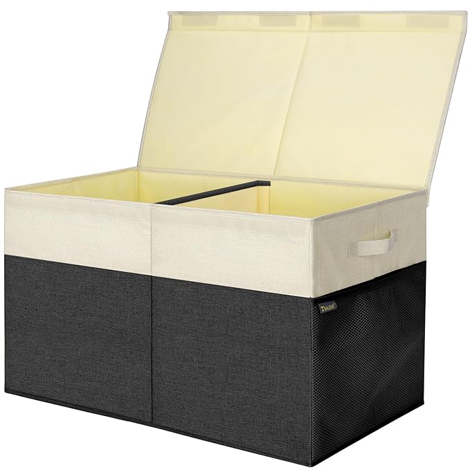 BALEINE Fabric Storage Bins with Lid, Collapsible Extra Large Storage Boxes Bins Baskets with Divider for Home Organizing (25"x13"x16", Black&Beige)