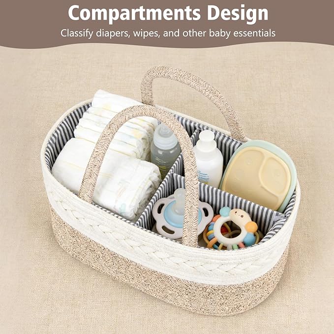 Diaper Caddy Organizer, Cotton Rope Baby Basket for Nursery and Changing Table, Portable Diaper Caddy with Removable Divider for Newborn Parents, Home and Car Travel, White and Brown