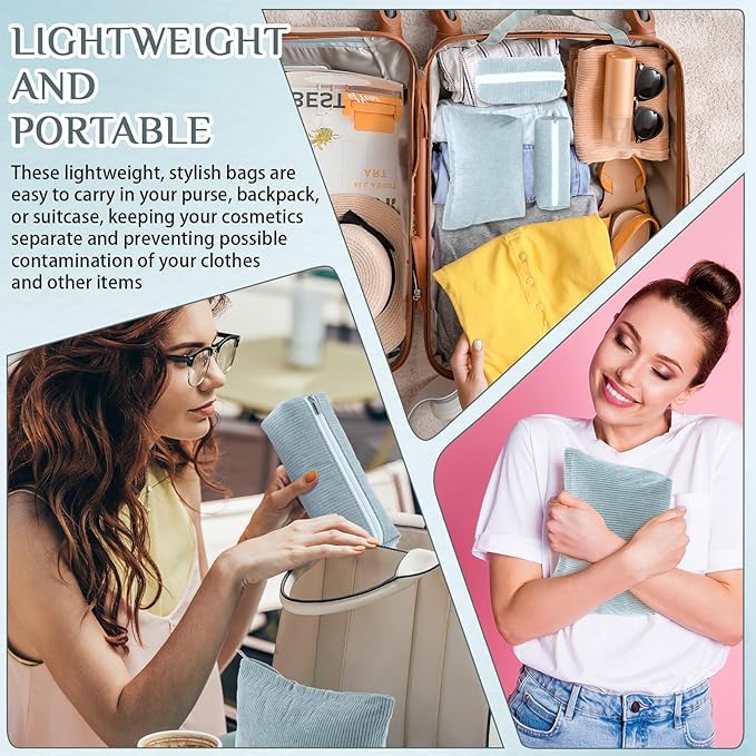 3 Pcs Makeup Bag Set for Women Corduroy Cosmetic Pouch Aesthetic Smile Travel Toiletry Bag Cute Purse Pouch Pencil Case Makeup Brushes Storage Organizer with Zipper(Blue,Solid Style)
