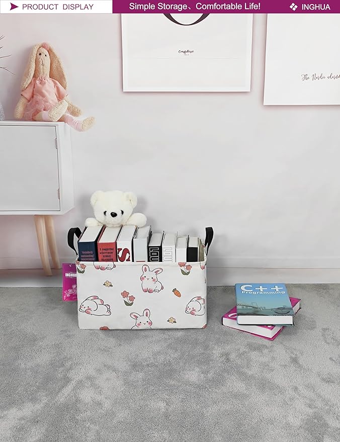 INGHUA Rectangular Storage Basket Fabric Organizer Bin for Toys,Books,Clothes,Gifts,Pets-Perfect for Home,Office,Nursery,Dorm,Shelf(Rec-rabbit)