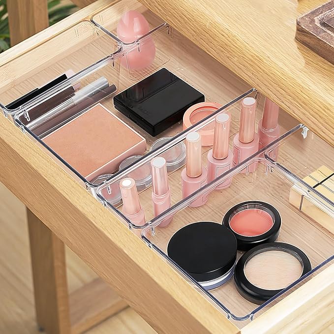 23 PCS Drawer Organizer Set, 5 Varied Size Bathroom and kitchen Drawer cabinet organizer Trays, Clear Storage Bins for Makeup, Jewelry, Utensils and Gadgets