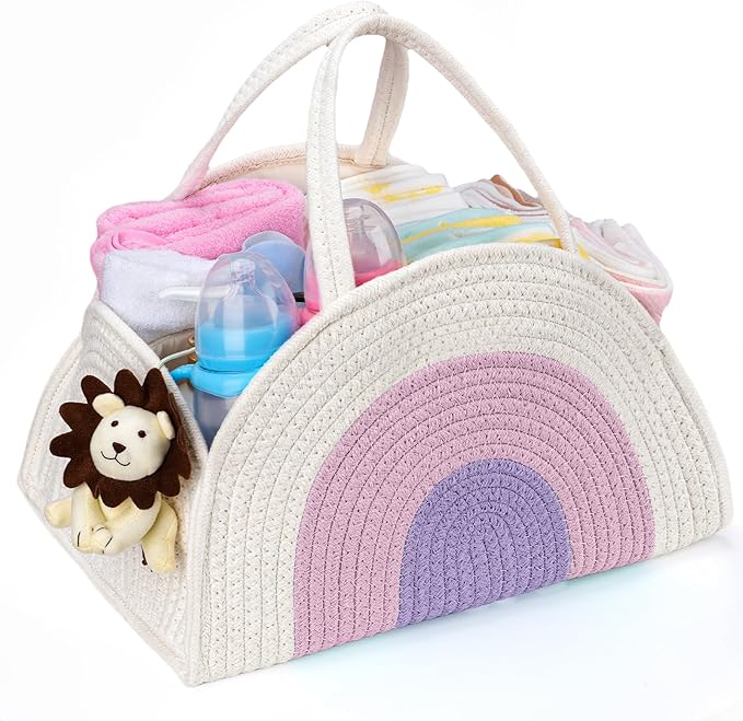 JMBNH Baby Diaper Caddy- With Removable Dividers, Nursery Storage Bin and Car Organizer,Boy & Girl Shower Gift Basket,Portable Organizer,Nursery Essentials-Rainbow Purple