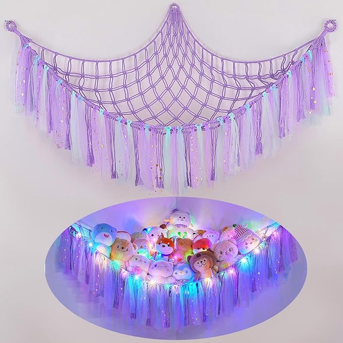 FIOBEE Stuffed Animals Net or Hammock with LED Light, Toy Hammock Hanging Stuffed Animals Storage Organizer Holder Room Décor for Nursery Kids Bedroom