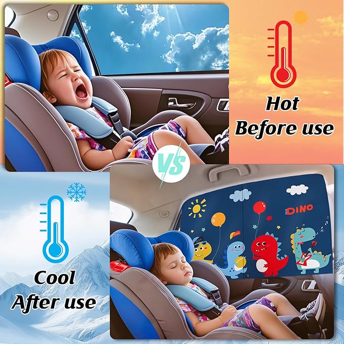 Car Window Shade for Baby, 2 Pack Magnetic Double Layer Cute Dinosaurs Car Sun Shade Side Window, Adjustable Privacy Blackout/See-Through Window Curtains for Baby Kids UV Protection
