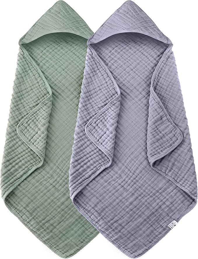 Spotted Play 2 Pack Hooded Baby Towels - 100% Muslin Cotton for Newborns, Infants, Toddlers - Large 32x32Inch Size - Highly Absorbent and Essential for Newborn Care, Green and Grey