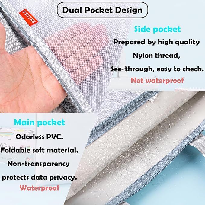 BRZUKA Mesh Zipper Pouch 11x13.7 in, A4 Double Pocket Waterproof File Bag with Handle, Document Storage for School/Travel/Office/Cross Stitch/Puzzle (Gray)