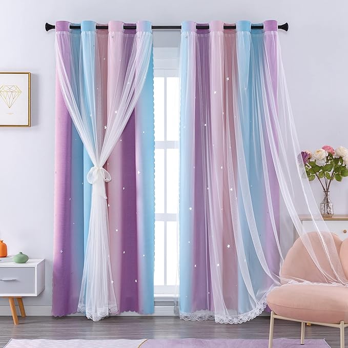 XiDi Curtains for Bedroom Decor, Rainbow Pink Purple/34/90