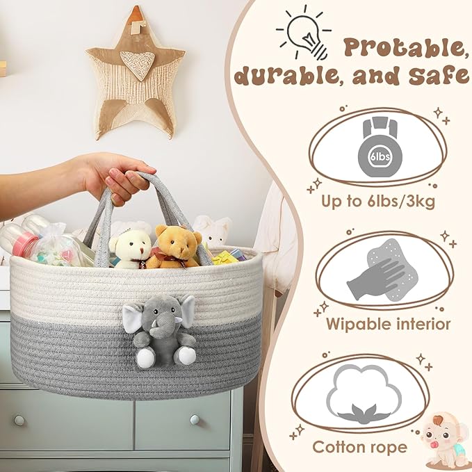 Elephant Diaper Caddy Organizer Elephant Cart Storage for Nursery with Handle Baby Shower Basket Gift Baby Bath Caddy for Diapers Wipes Basket for Nursery(Large)