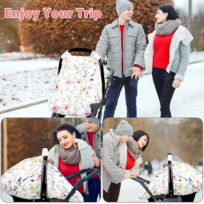 Car Seat Cover Baby, Anti-Kick Carseat Covers Baby Girl, Warm Minky Infant Car Seat Canopy with Mesh Window, Multi-Use Cover Protecting Baby from Wind, Sun, Strangers, White Flowers