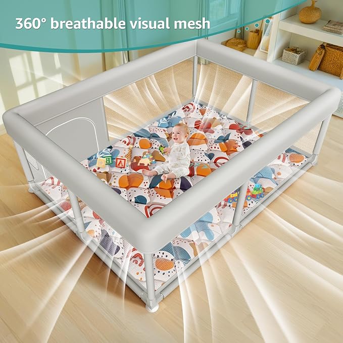 65 x 50 Inch Baby Playpen with Mat, PlayPen for Babies and Toddlers, Sturdy Safety Play Yard for Indoor & Outdoor with Zipper Gates