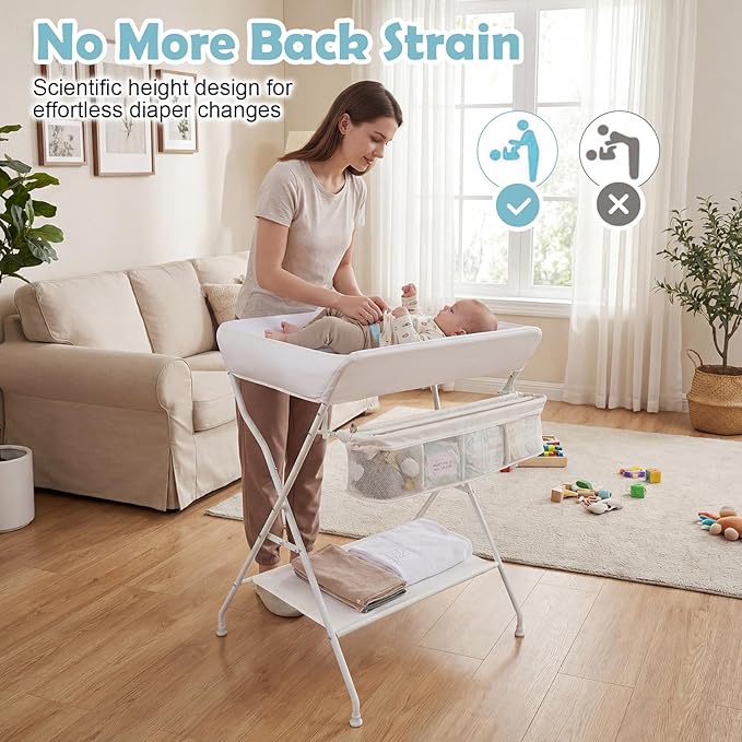 Costzon Changing Table, Portable Baby Changing Table Foldable Diaper Changing Station with Safety Belt, Large Storage Rack & Shelf, Nursery Organizer for Newborn Infant (Beige)