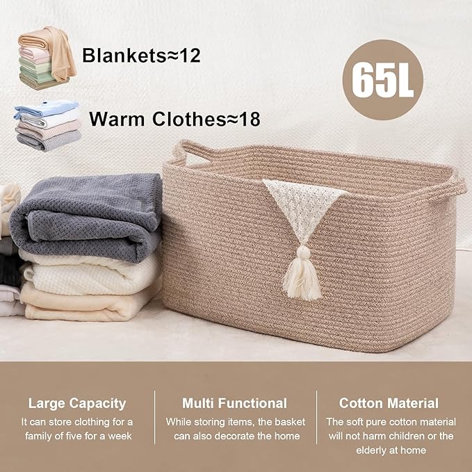 SIXDOVE 65L Large Storage Basket, Cotton Rope Woven Blanket Basket, Toy Storage for Baby Room, Living Room, Brown
