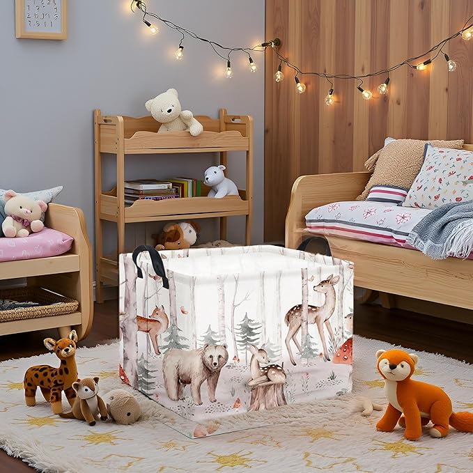 TIBAOLOVER Rectangular Woodland Animal Basket Kids Baby Storage Basket Cute Storage Bin Organizer Shelf Book Woodland Room Decor(Woodland Animal)