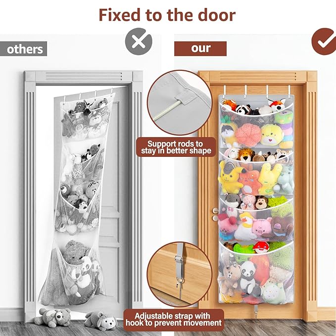 Woodoulogy Hanging Stuffed Animal Storage, Over Door Large Plush Toy Organizer with Metal Hook, Baby Accessory Holder Idea for Nursery, Doll & Bear Mesh Hammock Bag for Girl Boy Kid Room