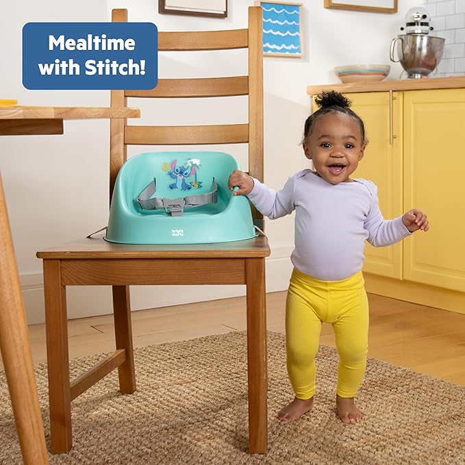 Bright Starts Disney Stitch My Spot Easy-Clean Baby Booster Feeding Chair, 3-Point Harness, Washable Removable Straps, Blue