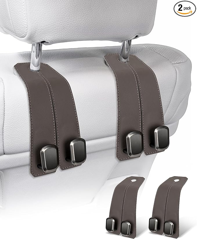 Luxurious Leather Car Purse Holder Hooks - 2PCS Multifunctional Headrest Hangers for Seat Back Storage (Brown)