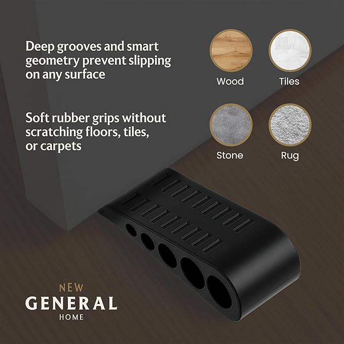 Door Stoppers (3 Pack), Heavy Duty Rubber Door Stopper Wedge for Bottom of Door on Floor, Non-Slip Stackable Door Stops for Carpet & Hard Floors, Includes Storage Holder/Bracket - Black - 3-Pack