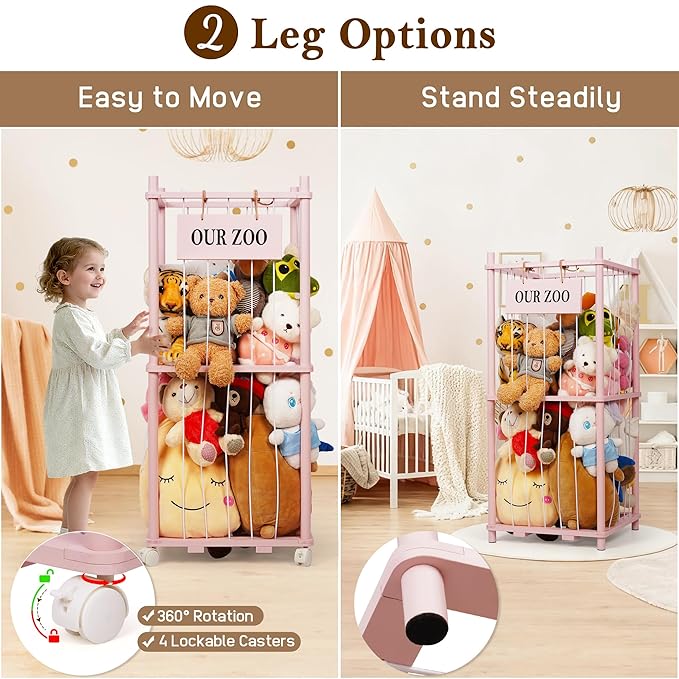 Edudif Stuffed Animal Storage Zoo, Wooden Stuffed Animal Organizer with Removable Wheels & 5-Row Elastic Cords, Space-Saving Plush Toy Storage Holder for Playroom, Bedroom, Nursery