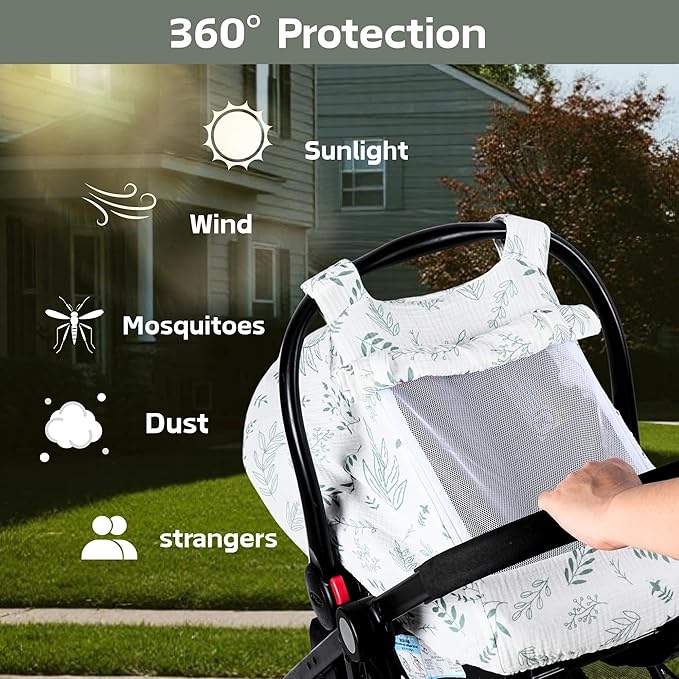 Summer Muslin Car Seat Cover Baby Girls Boys,Infant Carseat Covers with Breathable Window,3 Adjustable Modes, Lightweight Car Seat Sun Shade Cover for Babies,Green Leaf