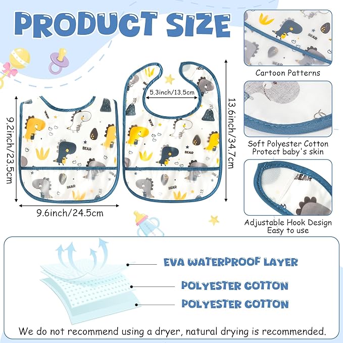2ooya 6Pcs Baby Bibs for Feeding Toddler Eating Bibs with Crumb Catcher Pocket Waterproof Sleeveless Teething Plastic Food Bib Set Adjustable Infant Keepsake Gift for Boys Baby Shower, 6-24 Months