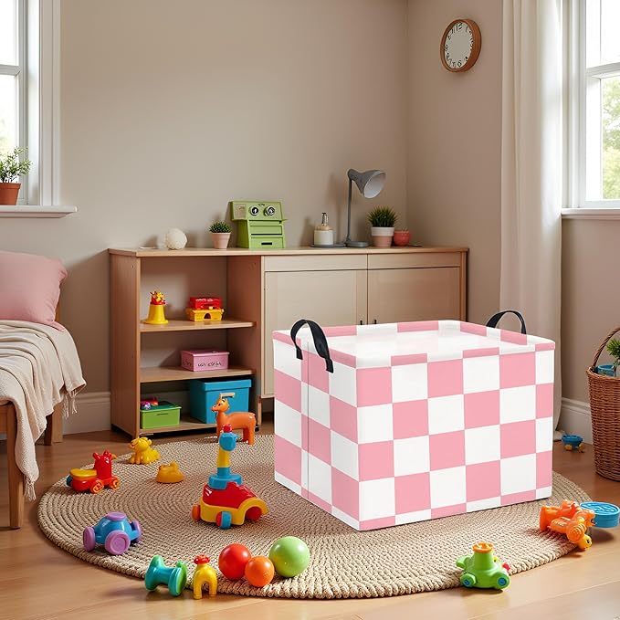 TIBAOLOVER Rectangular Storage Basket for Home Kitchen Girls Cute Storage Bin Organizer Shelf Book Room Decor(Pink Checked)