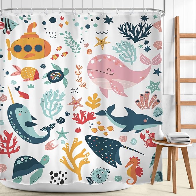 Kids Shower Curtain Ocean Cute Cartoon Whale Funny Kid Bathroom Set Underwater Coastal Submarine Fish Animal Nursery Baby Boys Girls Children 72Wx72H Bath Curtain Fabric Polyester 12 Pack Hooks
