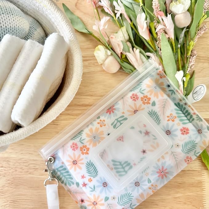 Baby Wipes Dispenser Portable & Refillable Wet Wipe Pouch Pack of 2 Reusable Wipes Holder and Wipe Container, Baby Essential, Makeup Wipe Travel Case - Regular Size, Floral Love