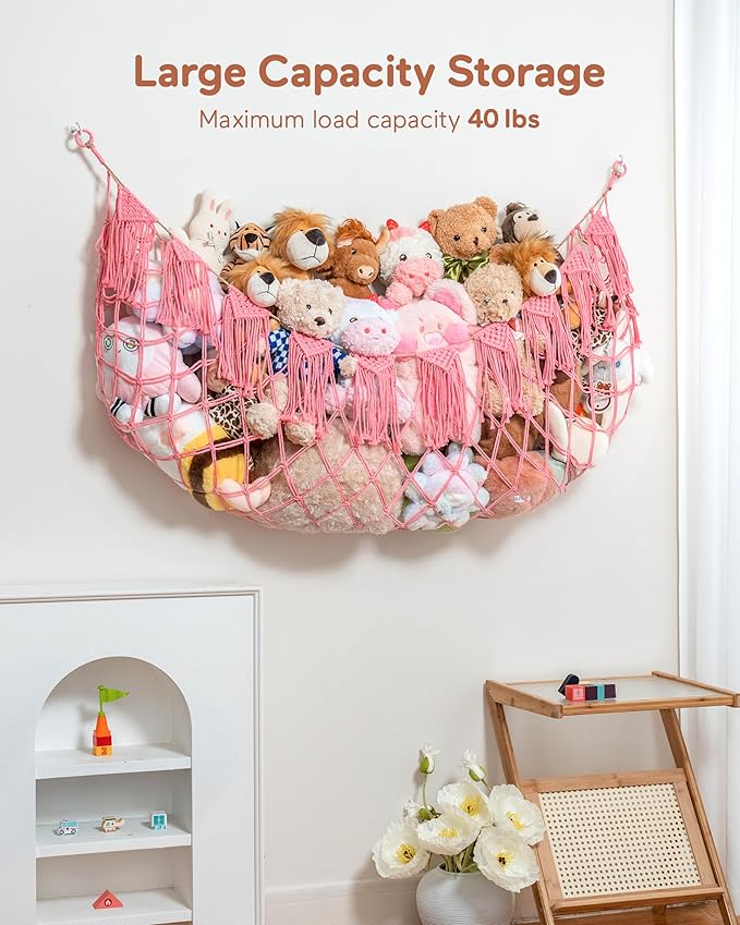 Boho Macrame Stuffed Animal Hammock with LED Lights – Large Wall Hanging Plushie Net, Corner Toy Organizer for Kids Bedroom, Nursery, Playroom & Dorm (Pink XXL)