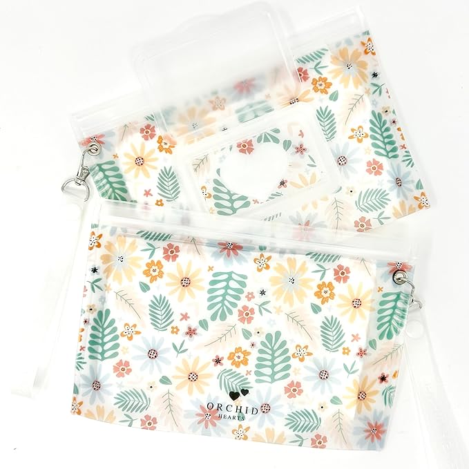 Baby Wipes Dispenser Portable & Refillable Wet Wipe Pouch Pack of 2 Reusable Wipes Holder and Wipe Container, Baby Essential, Makeup Wipe Travel Case - Regular Size, Floral Love