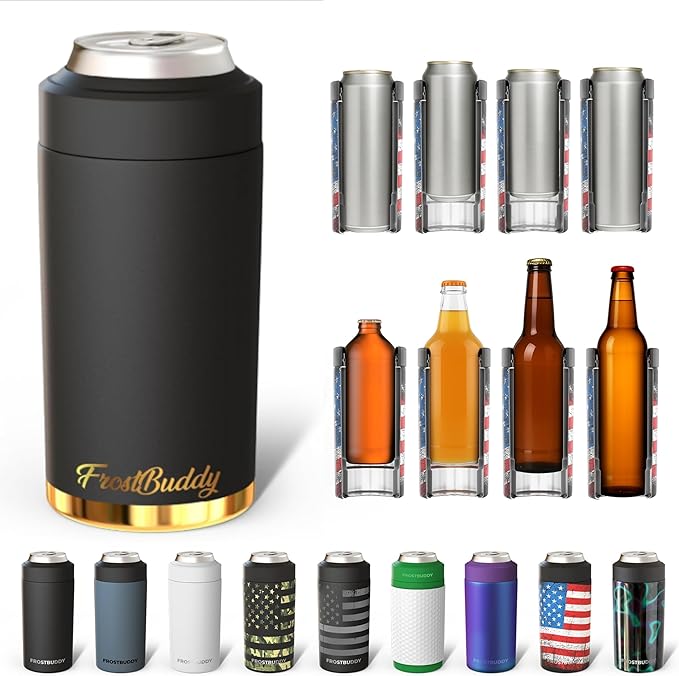 Frost Buddy Universal Buddy Can Cooler - Fits All - For Regular 12 & 16 oz or Slim-Size Bottles - Insulated Double-Walled Stainless Steel (Texastea)