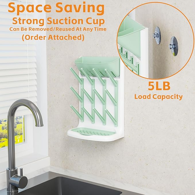 Yieach Larger Vertical Space Saving Drying Rack Baby Bottle for Countertop or Wall- BPA Free - Compact Glass Baby Bottle Rack Dryer & Holder and Storage Station for Pacifiers,Pump Accessories,Green