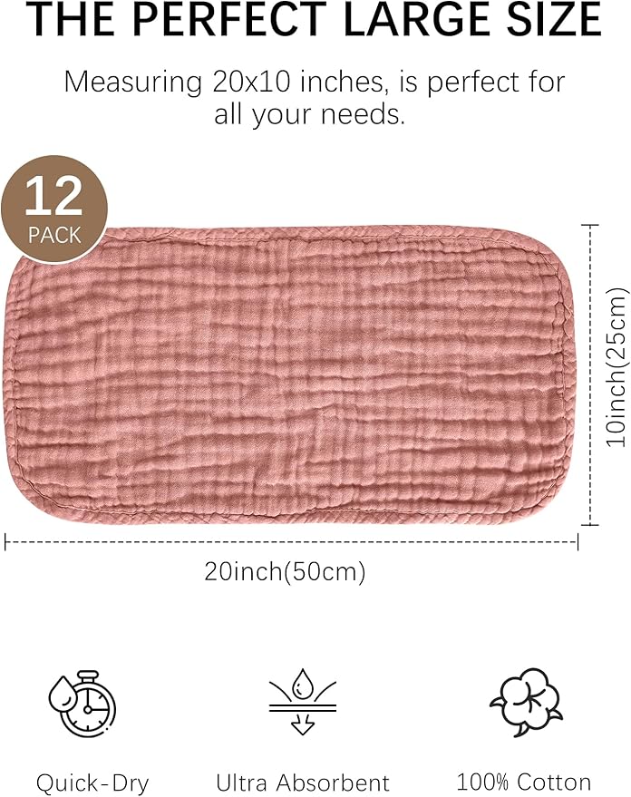 Lovely Care 12 Pack Muslin Burp Cloths 100% Cotton Muslin Cloths Large 20''x10'' Extra Soft and Absorbent Baby Burping Cloth - Blush and Terracotta