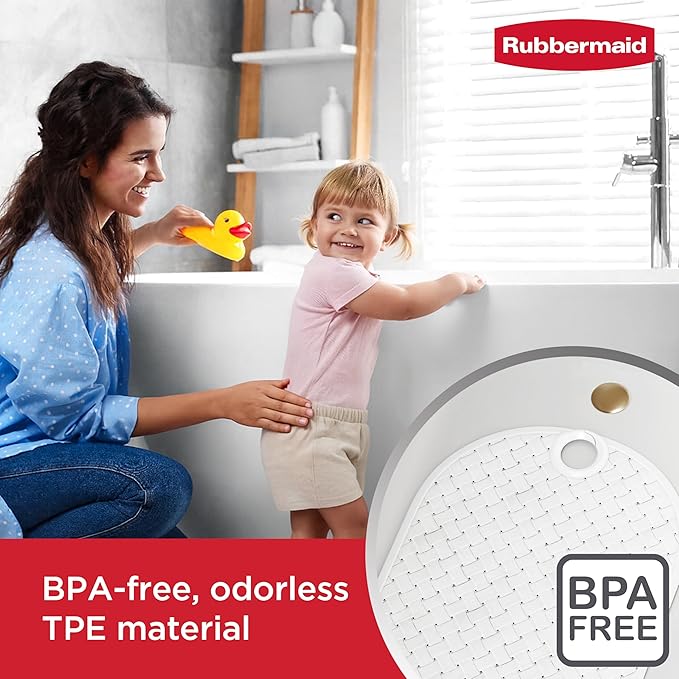 Rubbermaid INSTAMAT Bath Tub Shower Mat, Non-Slip Tub Mat with Suction Cups, Bath Mat Hangs on Showerhead for Quick Dry, 27.2 x 15.2 Inch, BPA-Free, Easy to Clean, for Inside Tub or Shower, White